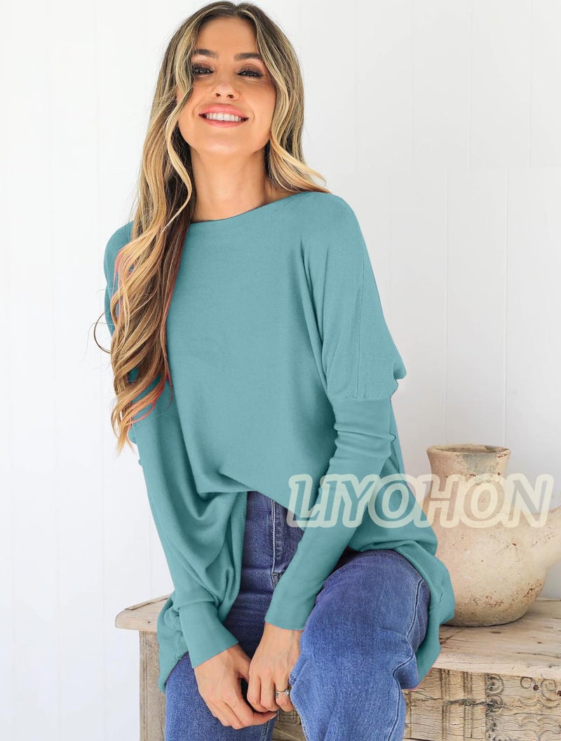 LIYOHON Oversized T Shirts for Women Tunic Tops to Wear with Leggings Long Sleeve Fall Sweaters Dressy Tops Turquoise-M - Image 2